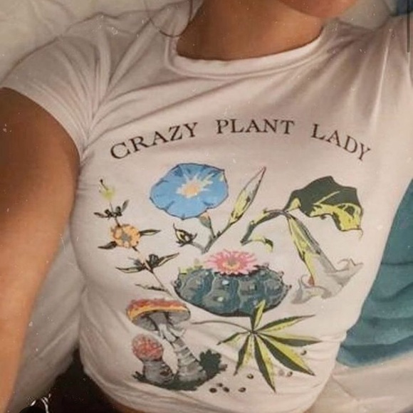 🪴Women’s O-mighty Crazy Plant Lady White Crop Top Shirt🪴 - Picture 2 of 6